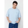 Trendyol Light Blue Oversize 100% Cotton Crew Neck Minimal Text Printed T-Shirt