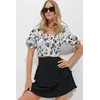 Trend Alacati Stili Ženska bluza kratkih rukava ALC-X11651, Brod izrez, Crno-bela