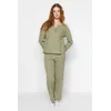 Trendyol Green Waffle Tshirt-Pants Knitted Pajamas Set