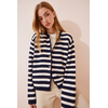 Happiness Istanbul Womens Ecru Navy Blue Striped Knitwear Cardigan with Waistcoat