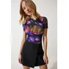 Happiness Istanbul Womens Black Purple Patterned Gathered Sandy Blouse