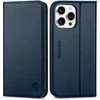 Shieldon usnjena preklopna torbica za iPhone 16 Pro Max – temno modra