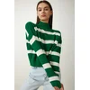 Happiness Istanbul Womens Green Stand-Up Collar Striped Knitwear Sweater