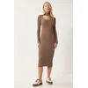 Happiness Istanbul Womens Mink Cut Out Detailed Stand Collar Ribbed Knit Dress
