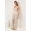 Trendyol Beige Linen Look Strapless Blouse and Trousers Woven Bottom-Top Set