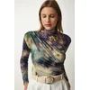 Happiness Istanbul Womens Light Green Draped High Neck Sandy Blouse