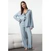 Trendyol Light Blue Heart Ribbed Viscose Woven Pajamas Set