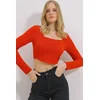 Trend Alacati Stili Ženska bluza dugih rukava ALC-X11437, Brod izrez, Crvena