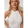 Happiness Istanbul Womens Ecru Pearl Halter Neck Summer Knitwear Blouse