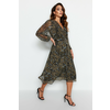Trendyol Green With Belt A-Line Midi, Double Breasted Collar Patterned Chiffon Dress, Woven Dress