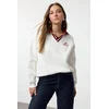 Trendyol Ecru Embroidered Oversize/Green Pattern Thick Polar Fleece Knitted Sweatshirt