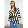 Trendyol Green Deep V Neck Striped Knitted Sweater