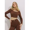 Trend Alacati Stili Ženska bluza dugih rukava ALC-X11437, Brod izrez, Smeđa
