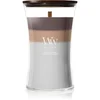 Woodwick Trilogy Radiant Cashmere dišeča sveča z lesenim stenjem 610 g