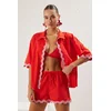 Trendyol Red Pink Stripe Accessory Kimono Shorts Set