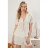 Trendyol Ecru 100% Cotton Floral Embroidered Tie/Bow Muslin Shorts and Woven Pajama Set