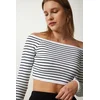 Happiness Istanbul Womens White Square Neck Striped Crop Blouse