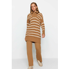 Trendyol Camel Zipper Detailed Thessaloniki Striped Knitwear Top-Top Set