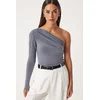 Happiness Istanbul Womens Gray One-Shoulder Gathered Detailed Knitted Blouse
