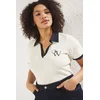 Trendyol Curve Ecru Polo Collar Contrast Color Detail Embroidered Ribbed Knitting Plus Size Blouse