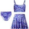 Kopalniški komplet Tankini za deklice 3 kosi (top, hlačke, krilce) modra 110 cm vzorčast z ribjimi luskami, cvetličnimi motivi, 110–160 cm, 6–12 let, hitro sušeč, elastičen, pranje v stroju