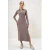 Trend Alaçati Stili Womens Mink Polo Collar Half Placket Side Slit Interlock Fabric Dress