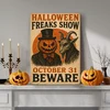WallXpert slika na platnu 70100HALC-010, retro Halloween poster Freaks Show sa bundevom u odelu i jarcem, 70 x 100 cm