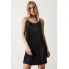 Happiness Istanbul Womens Black Strappy Pleated Summer Mini Knitted Dress