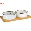 PET Treatment dvojna posoda s stojalom za hišne ljubljenčke, za hrano/vodo, keramika, bambus, 29,5x15x6cm, belo-rjava