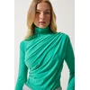 Happiness Istanbul Womens Light Green Gathered Detailed High Neck Sandy Blouse