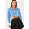 Bianco Lucci Womens Asymmetric Striped Cuff Detail Crop Shirt 4451