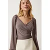 Happiness Istanbul Womens Mink Elastic Balloon Sleeve Sandy Knitted Blouse