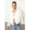 Trendyol Ecru Plush Regular/Normal Pattern Hooded Zippered Thick Knitted Sweatshirt