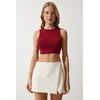 Happiness Istanbul Womens Burgundy Weightlifting Neck Crop Knitted Blouse