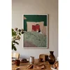 WallXpert uramljena slika 115195, žena čita crvenu knjigu u krevetu pod zelenom prugastom posteljinom, 50 x 70 cm, beli ram