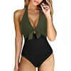 FEOYA Ženske dvodelne kopalke – Halter top in mrežasti dizajn - Enodelna Temna Zelena, XL