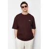 Trendyol Brown Oversize 100% Cotton Crew Neck Minimal Text Printed T-Shirt