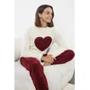 Trendyol Ecru-Burgundy Heart Wellsoft Knitted Pajama Set