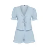 Trendyol Blue Cotton Textured Gingham Pajama Set with Ribbon/Bow Detail