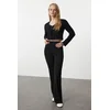 Trendyol Black Wide Leg High Waist Interlock Elastic Knitted Trousers