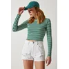 Happiness Istanbul Womens Dark Green Crew Neck Striped Crop Knitted Blouse