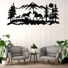 WallXpert metalni zidni ukras 5504, konji u planinskom pejzažu sa šumom, 60 x 26 cm, crni