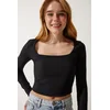 Happiness Istanbul Womens Black Square Neck Ribbed Crop Knitted Blouse