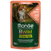 MONGE Sos za sterilisane macke sa lososom, škampima I povrcem Bwild grain free 85g