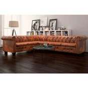vidaXL Chesterfield kotna sedežna garnitura za 6 oseb, rjava umetna koža
