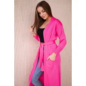 Long cardigan sweater with waist tie pink neon