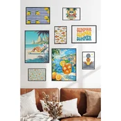 WallXpert set od 8 manjih uramljenih slika Çgs-055, letnji mediteranski motivi – limuni, plaža, koktel i kombi, crni ram