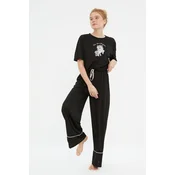 Trendyol Black Cotton Printed T-shirt-Pants Knitted Pajamas Set