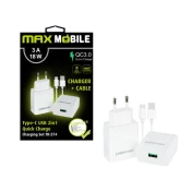 MaxMobile kućni punjač set QC 3.0, USB+USB-C kabel, 3A,18W bijeli