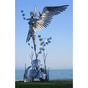 Casa Padrino luxury decorative sculpture angel silver 200 x 145 x H. 370 cm - Huge stainless steel sculpture - Huge garden decorative figure - Garden sculptures - Metal sculptures